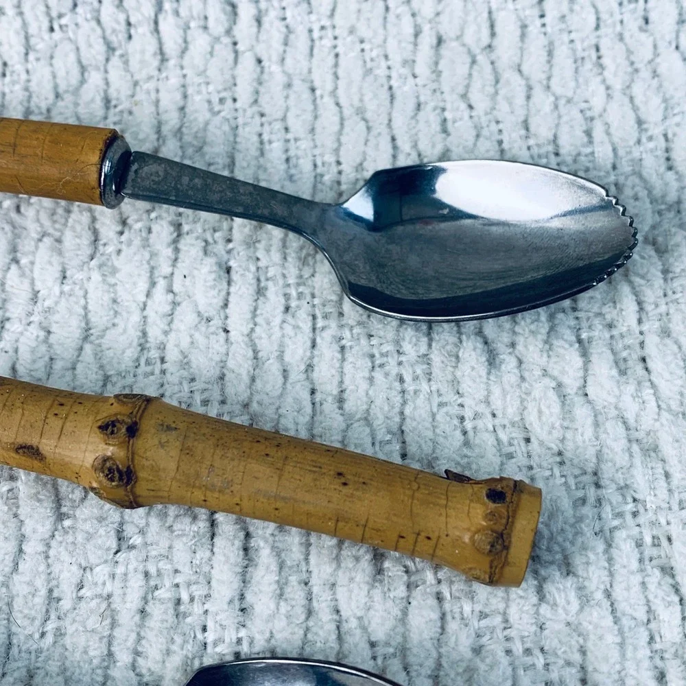 3 Grapefruit Spoons Tan Bamboo Handle Serrated Stainless Tiki Boho Japan Vintage